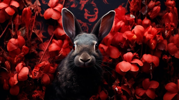 schattig zwart konijn in rood fluweel met een bloem op een donkere achtergrond