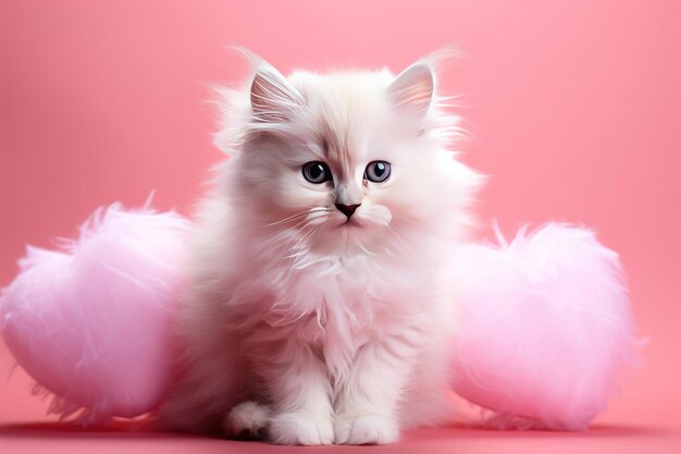 Schattig zwart wit kitten bij rood hart als symbool van liefde geschenk valentijnsdag