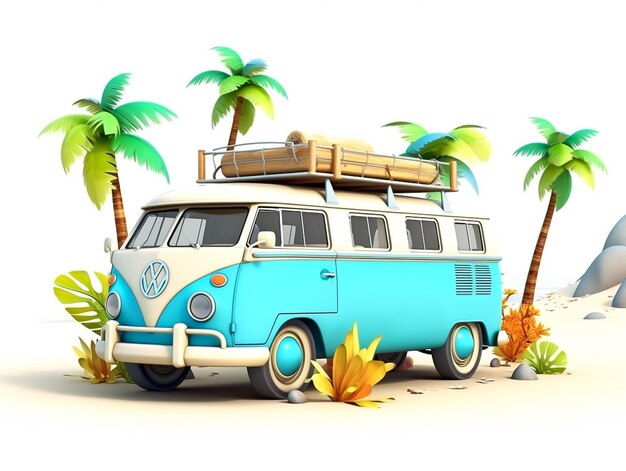 Foto schattige 3d cartoon illustratie reizigers in een bus concept van strandvakantie ai gegenereerd