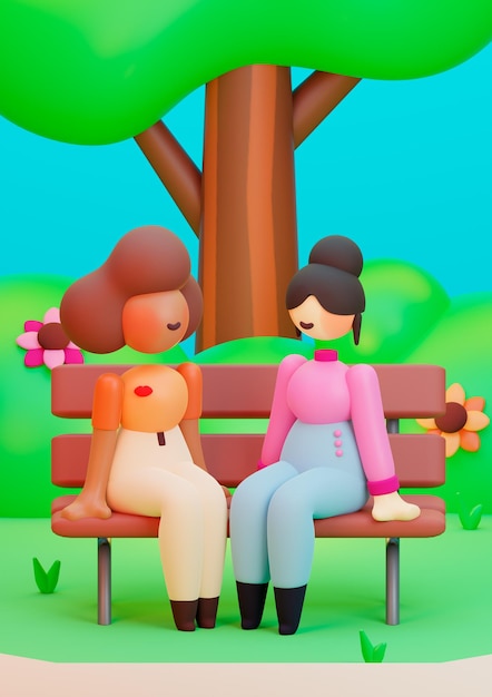 schattige 3d illustratie van twee meisjes die in een park chatten