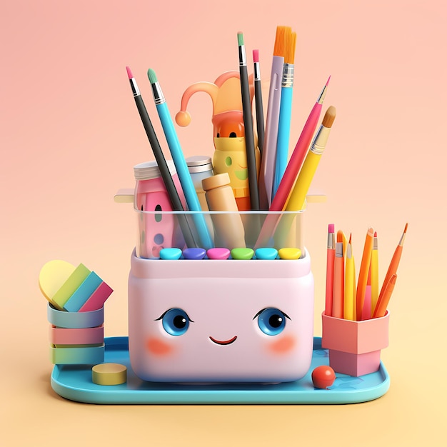 schattige aquarelpotloden met penselen schattige uitdrukking 3D kleine schattige emoji zachte pastelkleuren