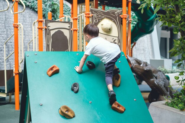Schattige Aziatische peuter van 2-3 jaar met plezier bij het klimmen op kunstmatige rotsblokken in de speeltuin, Kleine jongen die tegen een rotswand klimt, Hand- en oogcoördinatie, Ontwikkeling van motorische vaardigheden