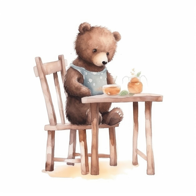 Foto schattige baby beer meisje leest een boek op een houten stoel beer leest een boeken waterverf tekeningen teddy beer