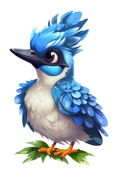 Schattige baby Blue Jay in Cartoon Style op witte achtergrond generatieve AI