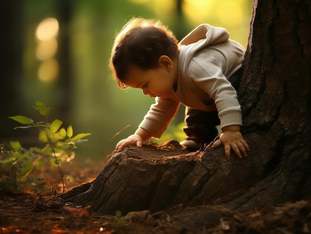 Schattige baby die de natuur verkent