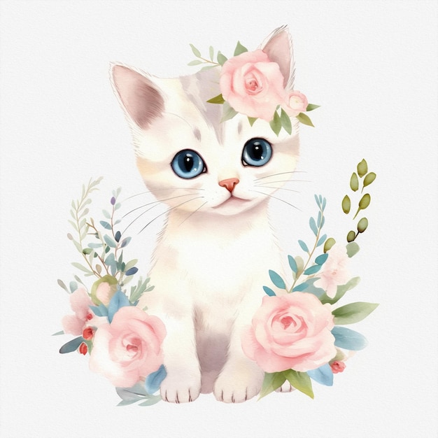 Schattige baby kat pastelkleuren bloemen aquarel illustratie