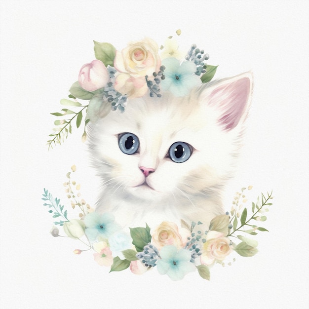 Schattige baby kat pastelkleuren bloemen aquarel illustratie