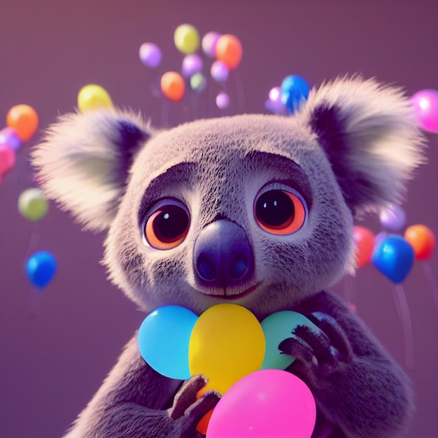 Schattige baby koala met ballonnen Happy Birthday wenskaart 3D-rendering cartoon afbeelding