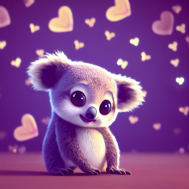 Schattige baby koala met harten liefde Valentijnsdag wenskaart 3D-rendering cartoon afbeelding