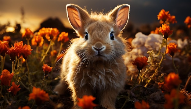 Schattige baby konijn zittend op het gras genieten van natuurschoon gegenereerd door kunstmatige intelligentie