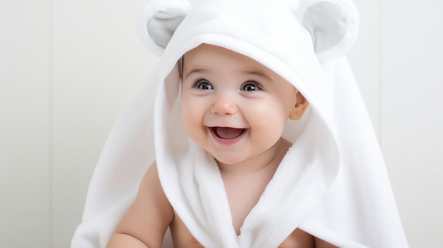 Schattige baby met handdoek op hoofd glimlachen