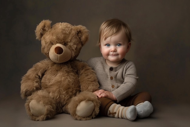 Schattige baby met teddybeer die thuis glimlacht met AI gegenereerd