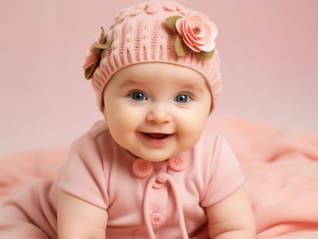 Schattige baby met vrolijke kleding in een speelse houding