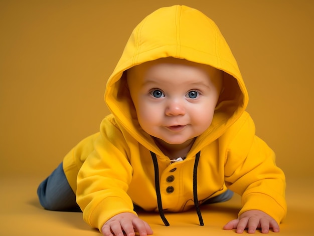 Schattige baby met vrolijke kleding in een speelse houding