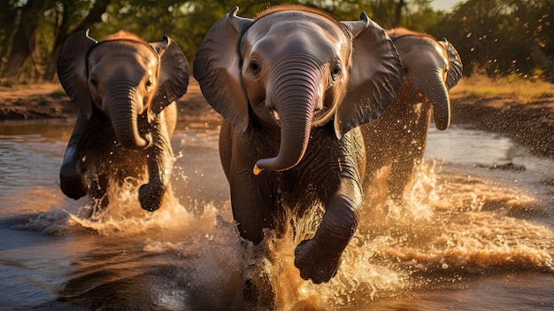 Schattige baby-olifanten die speels spetteren in een waterput