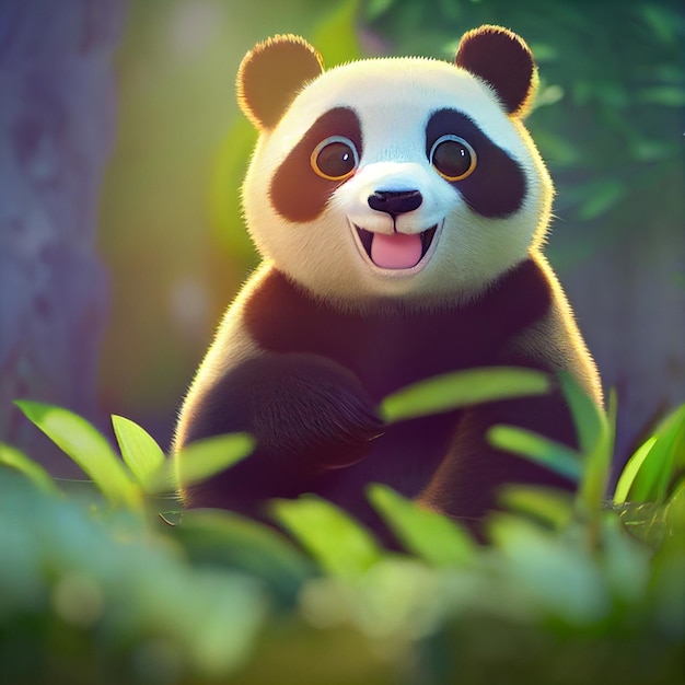 Schattige baby pandabeer met grote ogen 3D-rendering cartoon afbeelding