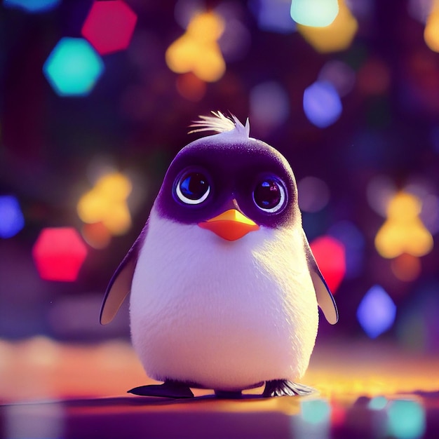 Schattige baby pinguïn met grote ogen en kerstverlichting 3D-rendering cartoon stijl