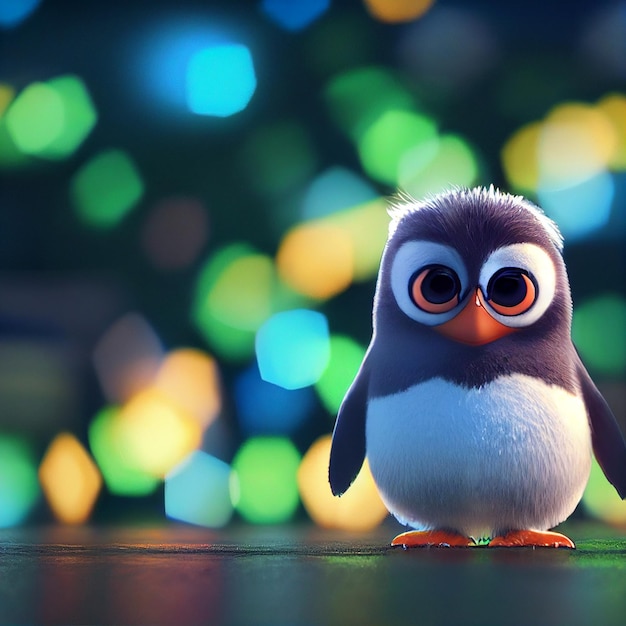 Schattige baby pinguïn met grote ogen en kerstverlichting 3D-rendering cartoon stijl