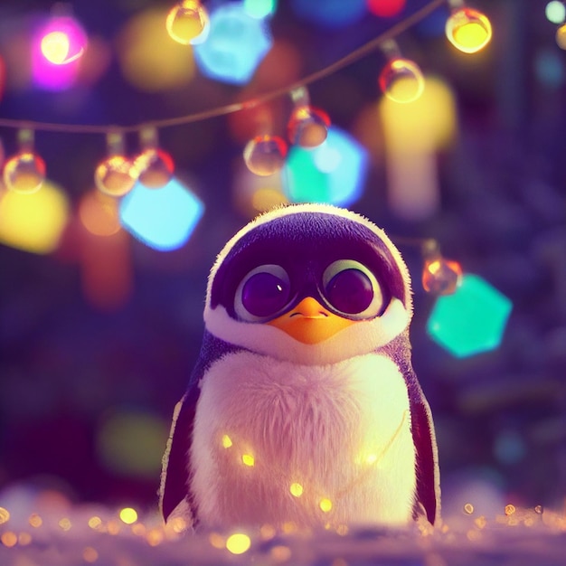 Schattige baby pinguïn met grote ogen en kerstverlichting 3D-rendering cartoon stijl
