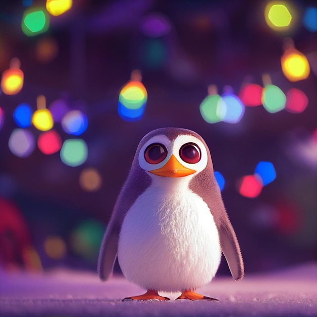 Schattige baby pinguïn met grote ogen en kerstverlichting 3D-rendering cartoon stijl