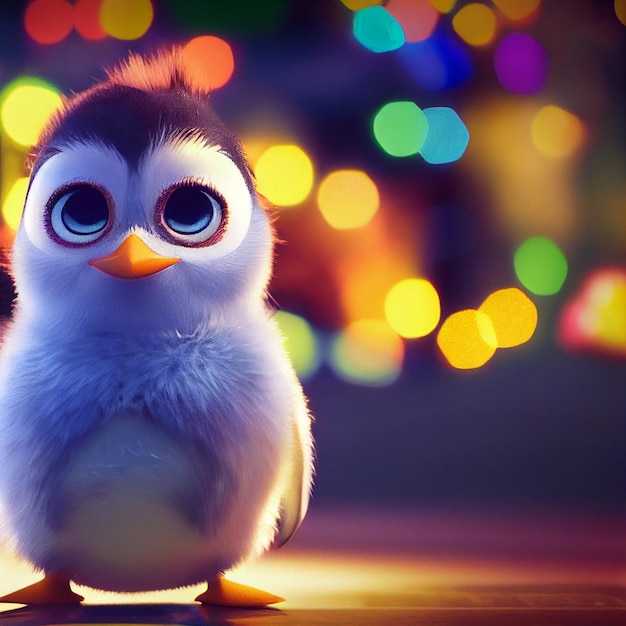 Schattige baby pinguïn met grote ogen en kerstverlichting 3D-rendering cartoon stijl