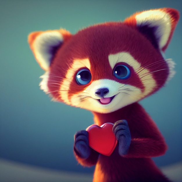 Schattige baby rode panda met harten Valentijnsdag wenskaart 3D-rendering cartoon afbeelding