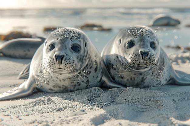 Foto schattige baby zeehonden die op het strand liggen.