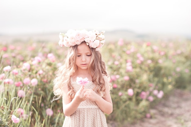 Schattige babymeisje 4-5 jaar oude roze bloem in de weide te houden. Het dragen van bloemenkrans. Jeugd.