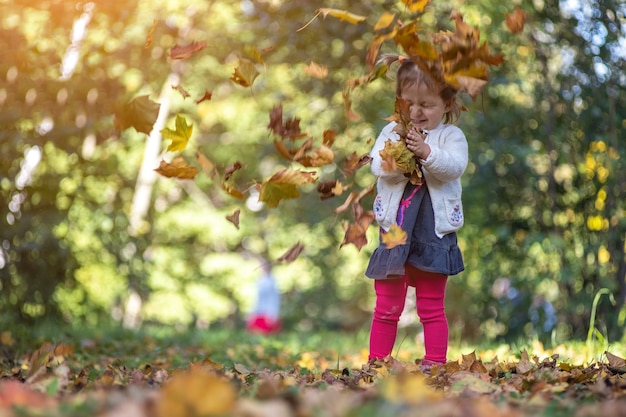 schattige babymeisje spelen met vallende bladeren in herfst park op een zonnige dag.