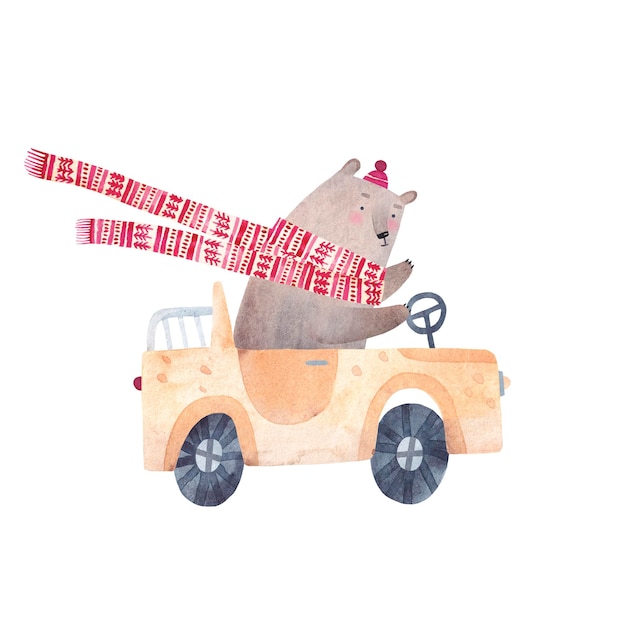Schattige beer in een sjaal rijdt in een auto Aquarel illustratie