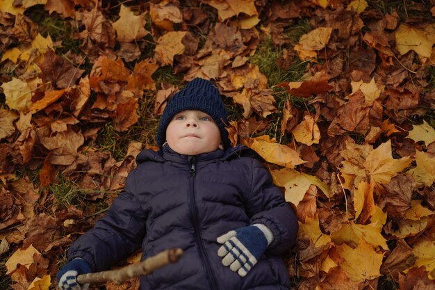 schattige blanke lachende jongen liggend op de grond bedekt met gele esdoornbladeren in een park met een