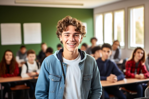 Schattige blanke student die zelfverzekerd in het klaslokaal staat te glimlachen