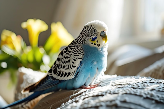 Schattige blauwe budgie zit op de bank in de woonkamer op een bank met gele bloemen op de achtergrond