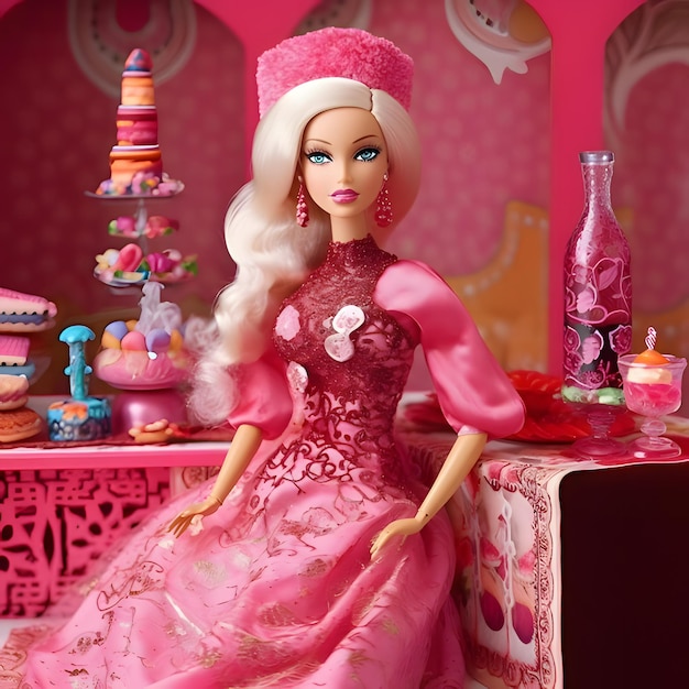 Schattige blonde Barbie die een roze jurk draagt, zit tegen een onscherpe achtergrond Zijaanzicht