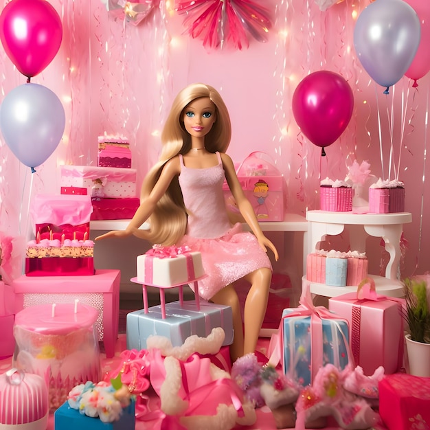 Schattige blonde Barbie draagt roze outfit rond verjaardagscadeaus in roze stijl Vooraanzicht