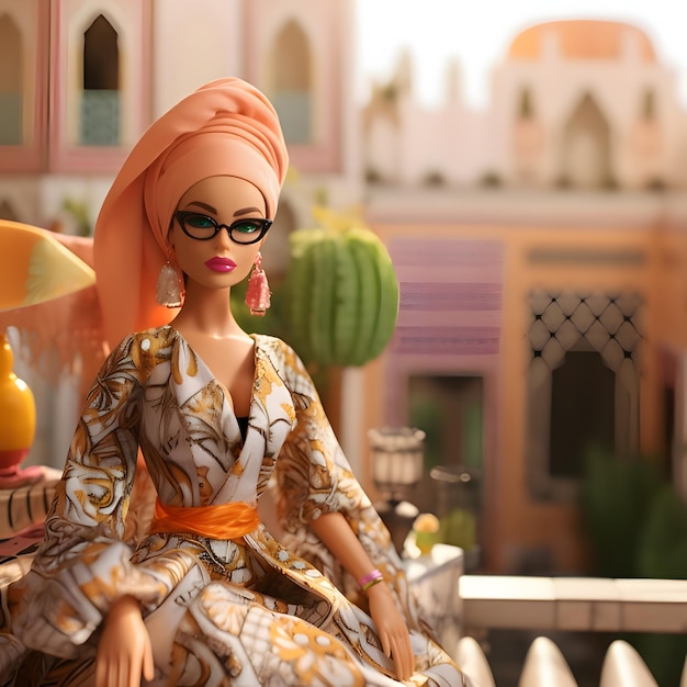 Schattige blonde Barbie met een bril en een Arabische kleding tegen de achtergrond van de Arabische stad Vooraanzicht