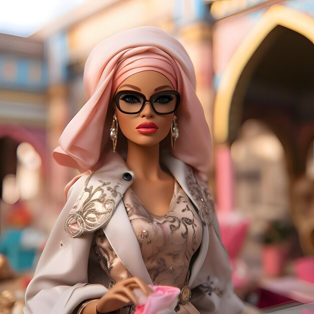 Schattige blonde Barbie met een bril en een Arabische kleding tegen de achtergrond van de Arabische stad Vooraanzicht