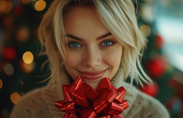 schattige blonde glimlachend met een rode strik op haar gezicht