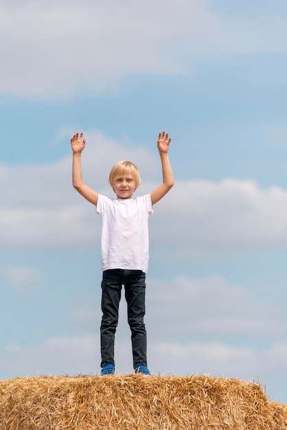 Schattige blonde schooljongen blijft op grote hooiberg in veld met handen omhoog op blauwe hemelachtergrond Verticaal frame