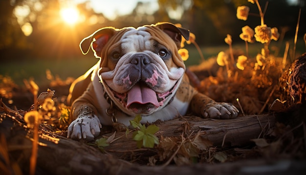 Schattige bulldog-puppy die in het gras speelt en geniet van de natuur gegenereerd door AI