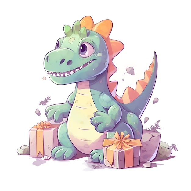 Schattige cartoon dinosaurus met cadeau Vector illustratie geïsoleerd op witte achtergrond