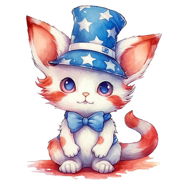 Schattige cartoon kitten met Amerikaanse vlag aquarel Clipart op witte achtergrond USA Day