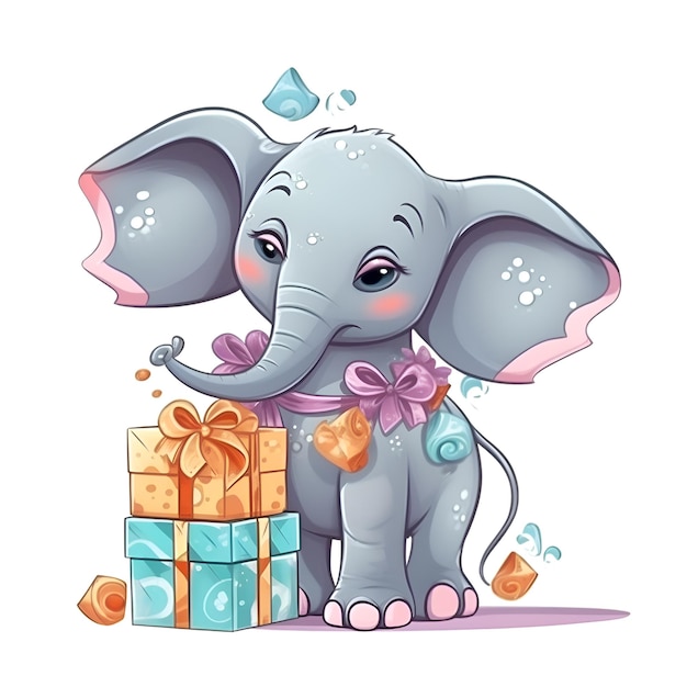 Schattige cartoon olifant met geschenken Vector illustratie geïsoleerd op witte achtergrond