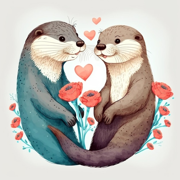 Schattige cartoon otter paar liefde Valentijnsdag wenskaart illustratie
