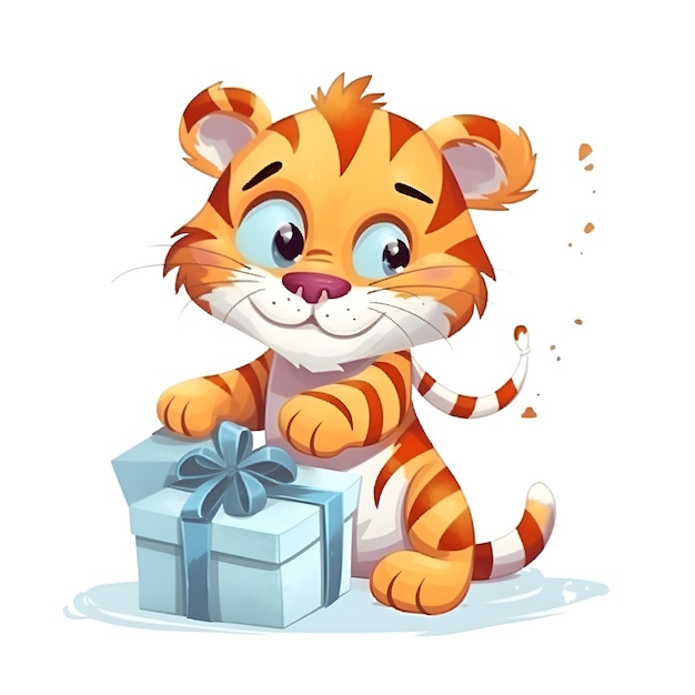 Schattige cartoon tijger met geschenkdoos vectorillustratie geïsoleerd op een witte achtergrond