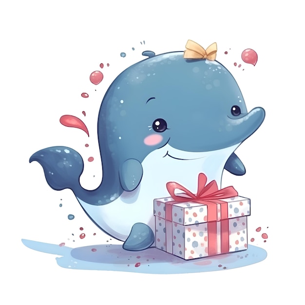 Foto schattige cartoon walvis met geschenkdoos vectorillustratie op witte achtergrond