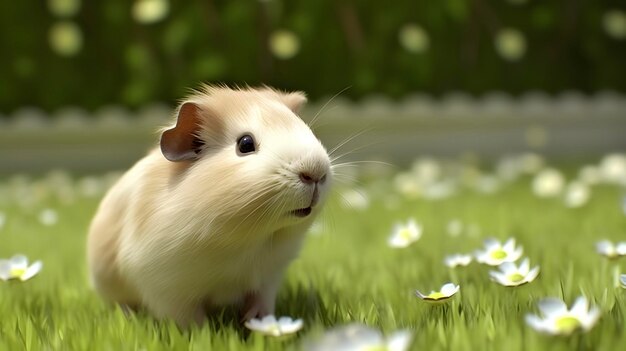 Schattige cavia met kleine witte bloemen AI gegenereerd