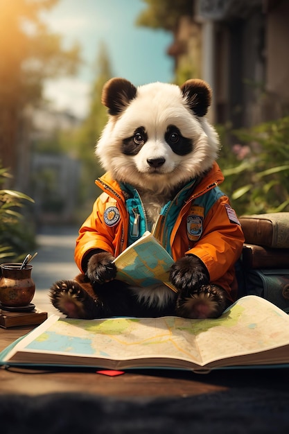 Foto schattige chibipanda die een kaart leest