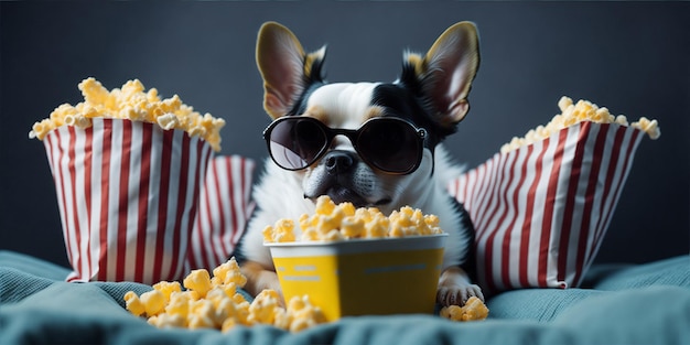 Schattige chihuahua die een film kijkt in een bioscoopbril met popcorn Genereer Ai
