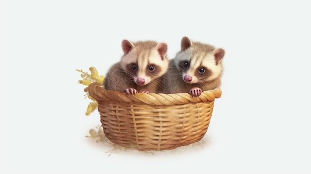 Schattige Coatis in een mand met pastelkleuren op een witte generatieve AI